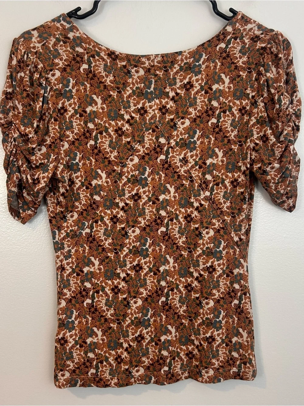 Free People Brown Disty Floral V-neck Short Puff Sleeve Button Front Top Size XS